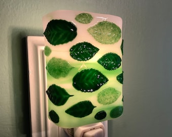 1 Green Leaves Fused Glass Plug In Night Light with Draped Sides Outlet Sconce