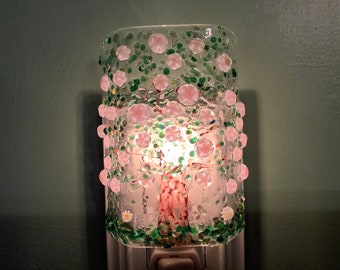 1 Fun Spring Tree with Pink Murrini Fused Glass Plug In Night Light with Draped Sides Outlet Sconce