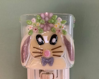 1 Easter Bunny Face Fused Glass Rabbit with Murrini Flower Hat Peter Cotton Tail Night Light Sconce Easter Decor