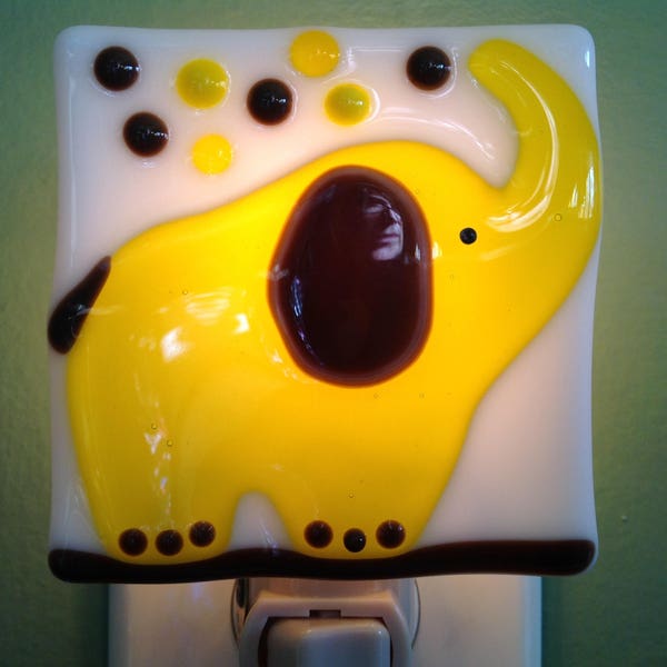 Elephant Yellow Safari Nursery, Fused Glass, Night Light, Plug In