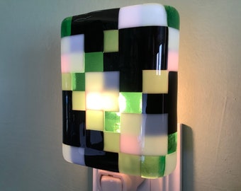 Green, Black and white Plaid Fused Glass Night Light