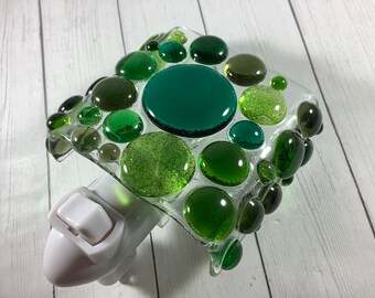 1 Glorious Green Dots Fused Glass Plug In Night Light with Draped Sides Outlet Sconce