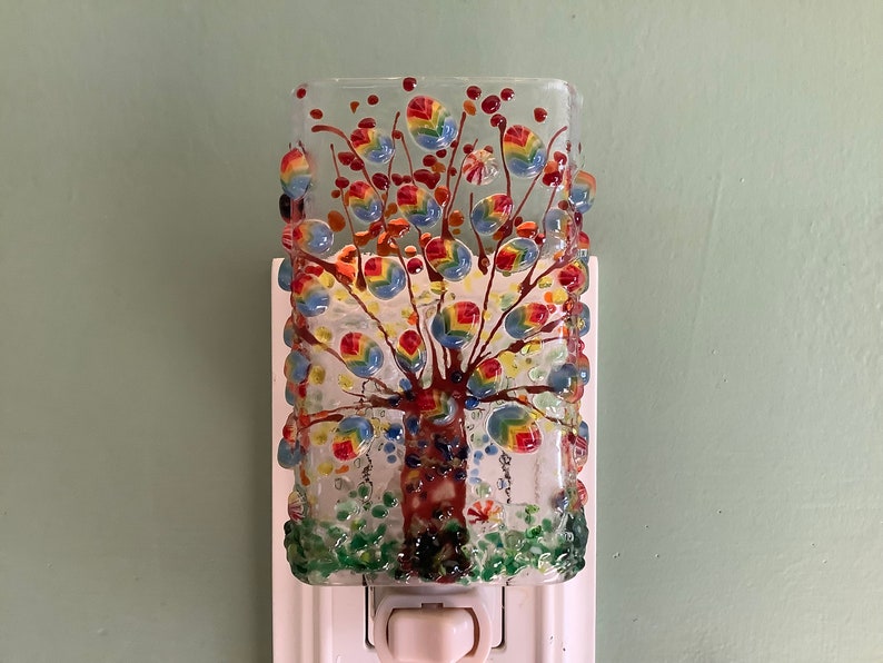 Rainbow Tree Fused Glass Plug In Night Light with Draped Sides Outlet Sconce image 9
