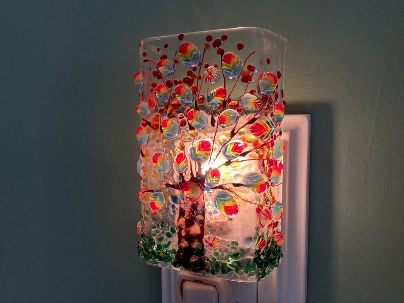 Rainbow Tree Fused Glass Plug In Night Light with Draped Sides Outlet Sconce image 7