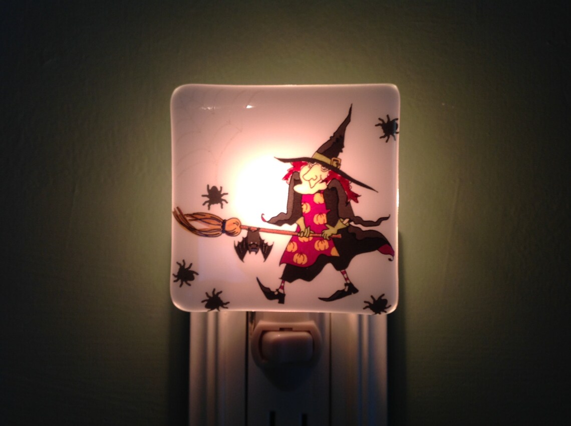 Witch Fused Glass Plug In Halloween Night Light with Spiders Etsy