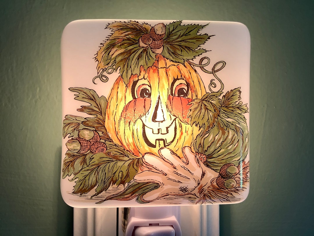 Pumpkin Fused Glass Plug In Halloween Jack O Lantern Night Light with ...