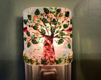 1 Fun Spring Backyard Tree with little Bird Murrini Fused Glass Plug In Night Light with Draped Sides Outlet Sconce