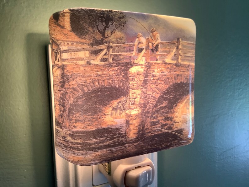 Bridge Fishing Fused Glass Plug in Fisherman Night Light Outlet Sconce image 9