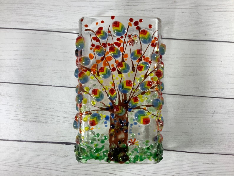 Rainbow Tree Fused Glass Plug In Night Light with Draped Sides Outlet Sconce image 3