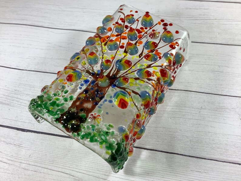 Rainbow Tree Fused Glass Plug In Night Light with Draped Sides Outlet Sconce image 4