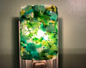 1 Fused Glass Spring Green Forest  Plug In Frit Night Light with Draped Curved Sides