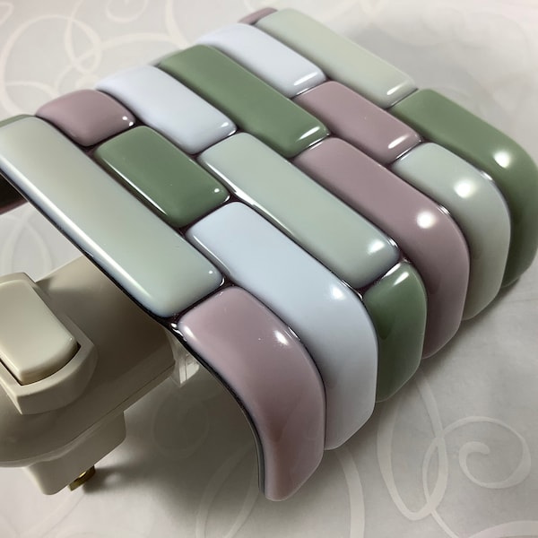 Mauve and Green Tile Look Fused Glass Plug In Night Light Outlet Sconce