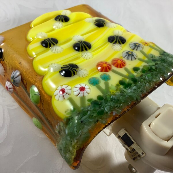 1 Bee Hive Fused Glass Plug In Night Light with Draped Sides Outlet Sconce