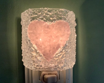 Fused Glass Clear and Pink Heart Plug In Frit Night Light Curves Sides Sconce