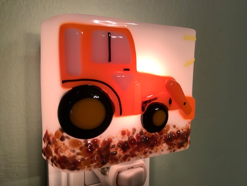 1 Orange Tractor Fused Glass Plug In Wall Farm Night Light Sconce image 9