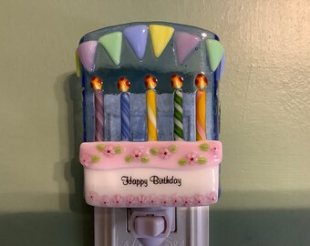 1 Happy Birthday Cake Fused Glass Plug In Night Light