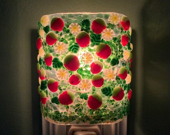 Strawberry Field Fused Glass Plug In Night Light with Draped Curved Sides Outlet Sconce