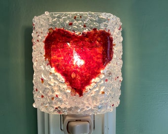 Fused Glass Clear Plug In Frit Night Light with a Reddish Brown Heart