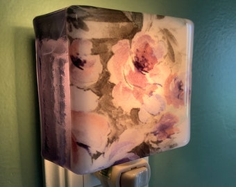 Watercolor Purple Floral Fused Glass Plug In Flower Night Light with Draped Sides Outlet Sconce