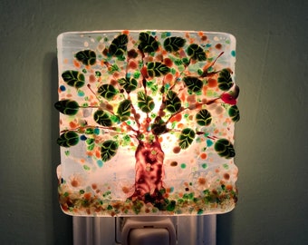 1 Fun Spring Backyard Tree with little Bird Murrini Fused Glass Plug In Night Light with Draped Sides Outlet Sconce