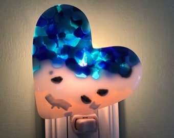 1 Beach Blue Heart Fused Glass Plug In Night Light