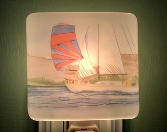 Sailboat Fused Glass Plug In Sailing Night Light with Draped Sides Outlet Sconce