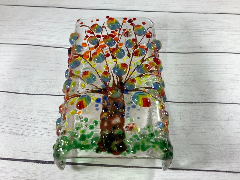 Rainbow Tree Fused Glass Plug In Night Light with Draped Sides Outlet Sconce image 2