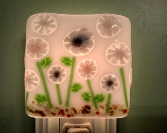 1 Millefiori Gray Gambol Flowers Fused Glass Plug In Night Light with Draped Outlet Sconce