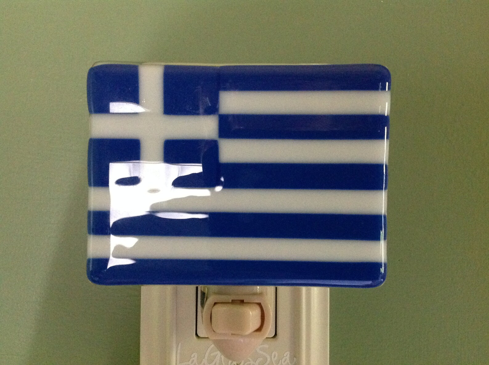 Greek Flag Fused Glass Wall Plug In Greece World Flag Night Etsy