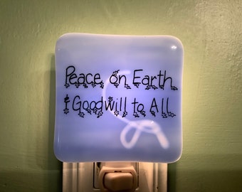 SALE Blue Peace on Earth Fused Glass Wall Plug In Night Light SALE 4 FOR 20