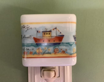1 Boats Fused Glass Plug In Fishing Night Light with Draped Sides Outlet Sconce