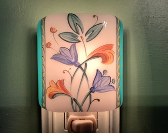 Floral Fused Glass Plug In Night Light with Draped Curved Sides Outlet Sconce