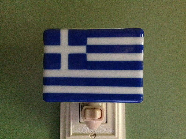Greek Flag Fused Glass Wall Plug In Greece World Flag Night Etsy