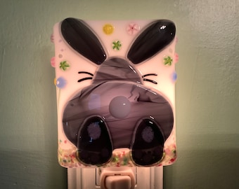 1 Hopping Bunny Butt Fused Glass Black Rabbit Easter Bunny Peter Cotton Tail Night Light Outlet Sconce with Draped Sides Easter Decor