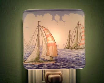 Sailboat Fused Glass Plug In Night Light with Draped Sides Outlet Sconce