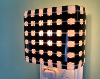 1 Bubbles Fused Glass Black and White Plug In Night Light with Draped Sides Outlet Sconce