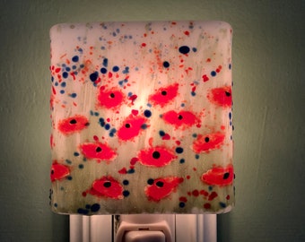 Poppy Flowers Fused Glass Plug In Poppy Floral Field Night Light with Draped Sides