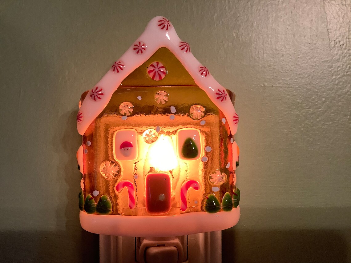 1 Gingerbread House Fused Glass Plug in Holiday Night Light Etsy