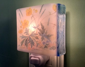 Yellow Mountain Flowers Floral Fused Glass Plug In Wildflowers Night Light with Draped Sides Outlet Sconce