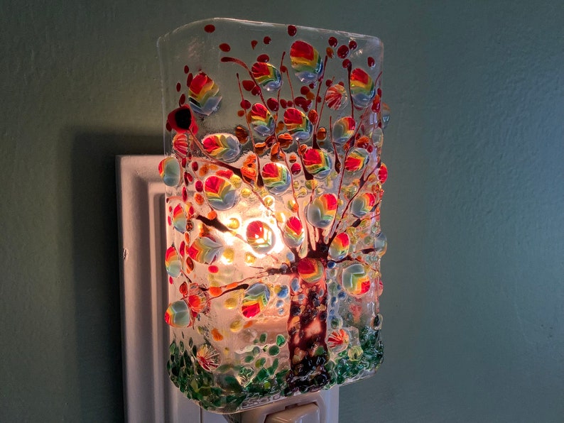 Rainbow Tree Fused Glass Plug In Night Light with Draped Sides Outlet Sconce image 8