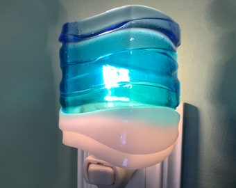 1 Ocean Water Wave Fused Glass Plug In Night Light with Draped Curved Sides Outlet Sconce