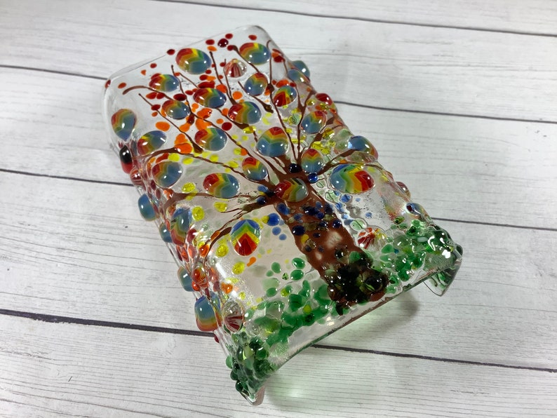 Rainbow Tree Fused Glass Plug In Night Light with Draped Sides Outlet Sconce image 5