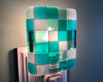 Green and Turquoise Plaid Fused Glass Night Light Sconce