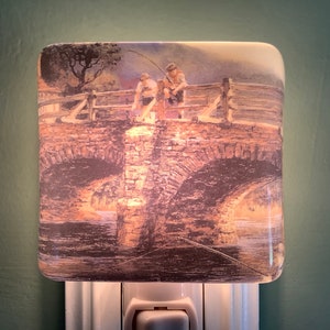 Bridge Fishing Fused Glass Plug in Fisherman Night Light Outlet Sconce image 7