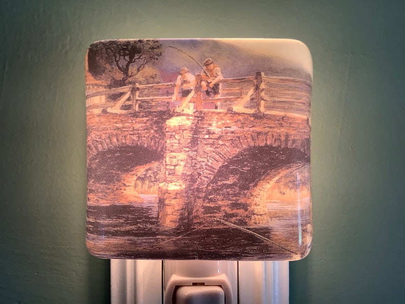 Bridge Fishing Fused Glass Plug in Fisherman Night Light Outlet Sconce image 7