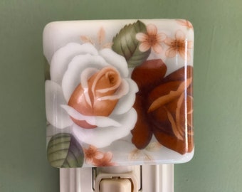 Rose Floral Spray Fused Glass Plug In Flower Night Light with Draped Sides Outlet Sconce