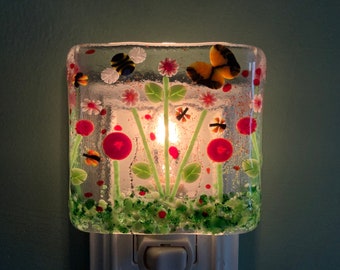 1 Murrini Red Springtime Splendor Fused Glass Plug In Flowers Night Light with Draped Outlet Sconce