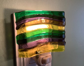 1 Mardi Gras Waves Fused Glass Plug In Night Light with Draped Sides Mini Outlet Sconce