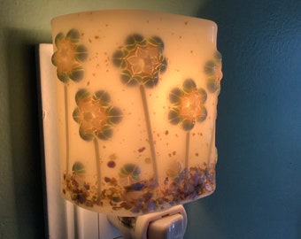 Millefiori Champagne and Chambray Petal Fused Glass Plug In Spring Flowers Night Light with Draped Curved Sides Outlet Sconce