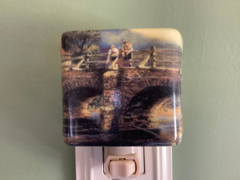 Bridge Fishing Fused Glass Plug in Fisherman Night Light Outlet Sconce image 10